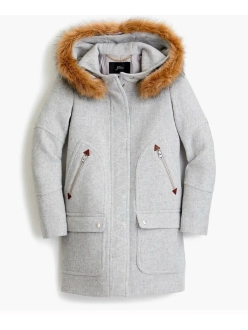 J. Crew Light Gray Wool Trench Coat with Faux Fur Hood Trim - Picture 2 of 5